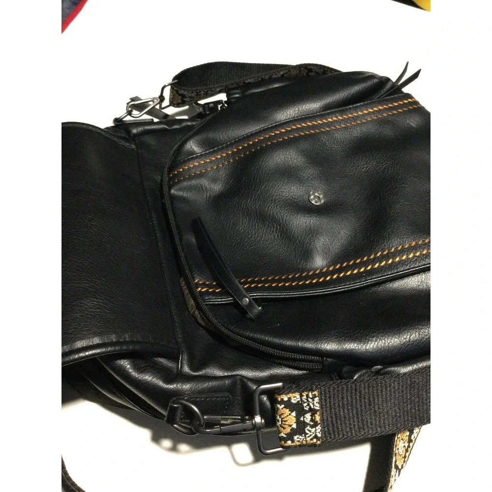 HKCLUB Black Faux Leather Studded Backpack‎ with Woven Guitar Strap Boho Bag